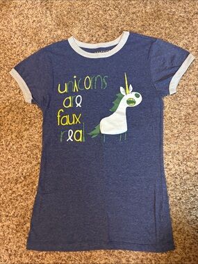 Navy Graphic Unicorn Ringer Tee - Girls' Casual Short Sleeve